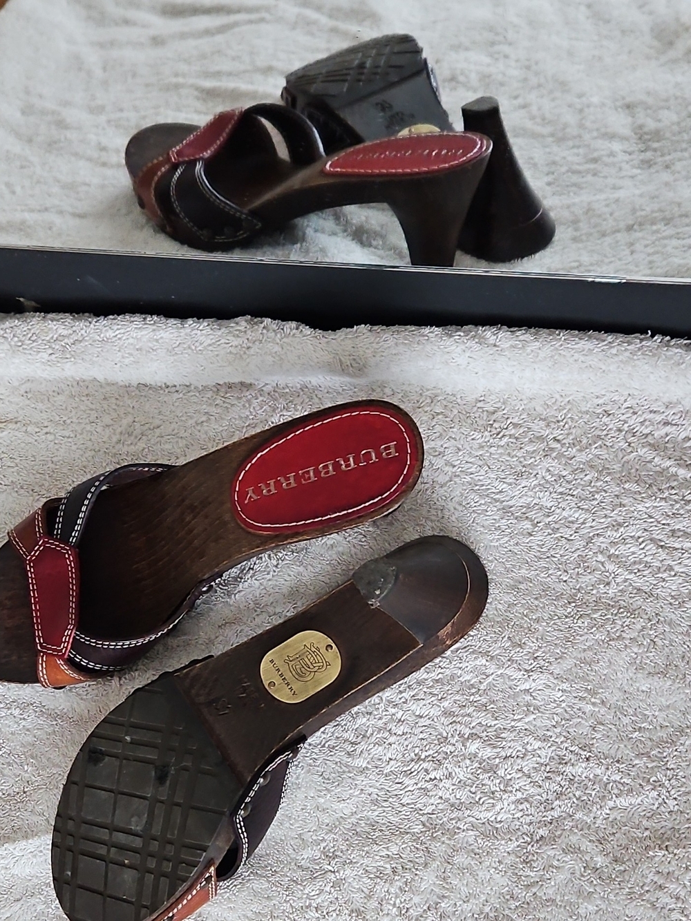 Burberry Brown Leather Heeled Mules with Red Insole